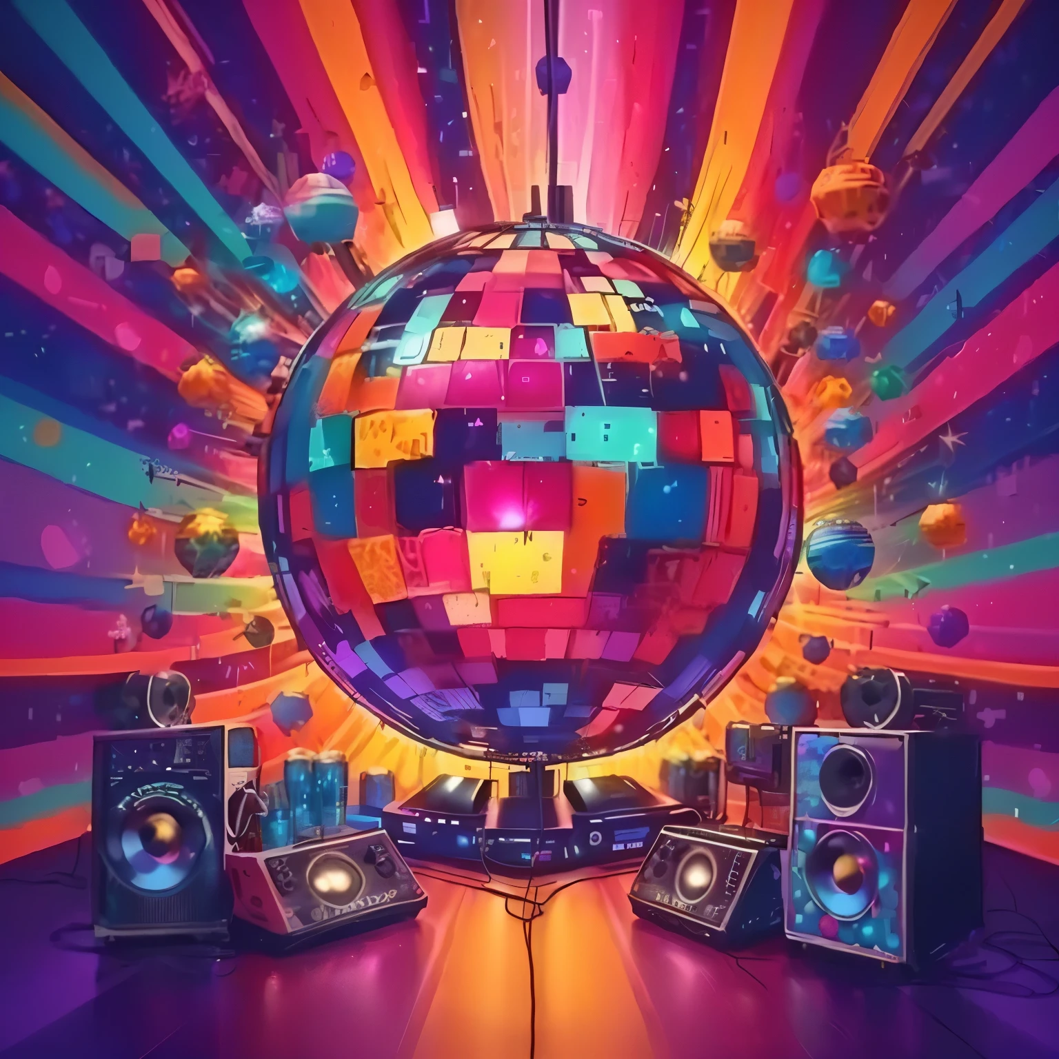 a festa discoteca poster with bola de discotecas and speakers, festa discoteca, DJ, difusão de discoteca, bola de discoteca, disco de pictoplasma, bola de discotecas, luz de discoteca, luz de discotecaing, luz de discotecas, Atmosfera psicodélica, festa rave, iluminação psicodélica, bola de discoteca in background, disco, arte synthwave, só uma piada, DJ rave , festival de dança trance edm, Estilo psicodélico