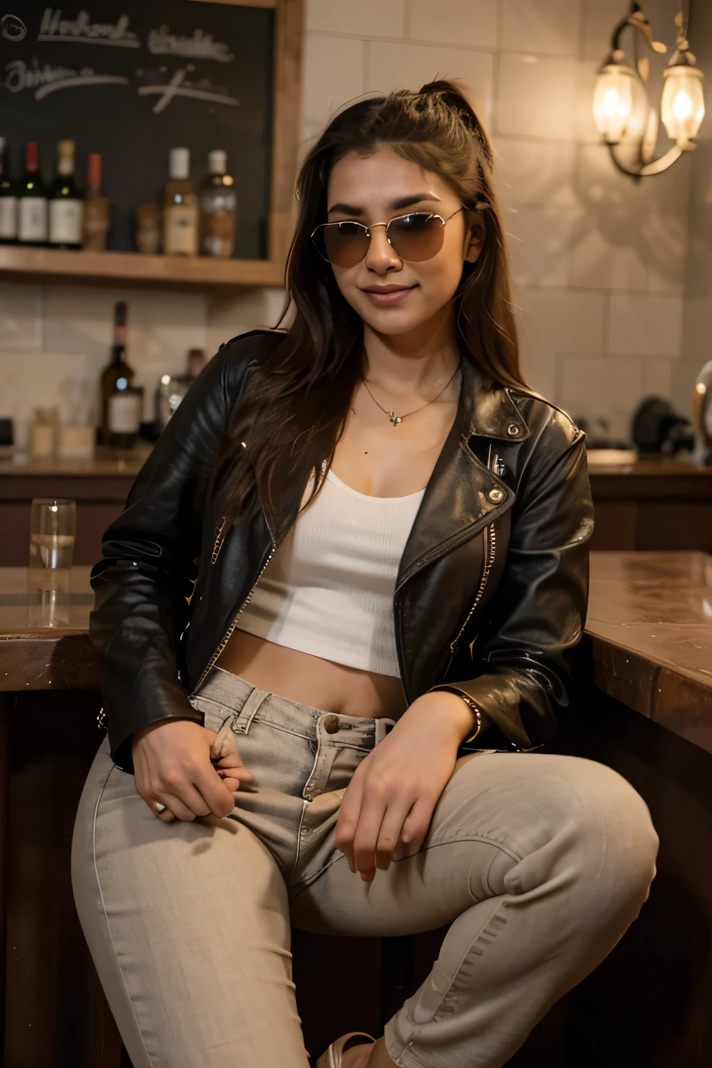((best quality)), ((masterpiece)), (detailed),
21 year old beautiful Indian girl with long hair smiling face beautiful eyes wearing a brown leather jacket and jeans pant sitting in a bar gangster look badass style ponytail hairstyle wearing sunglasses in eyes full pic taken from long distance