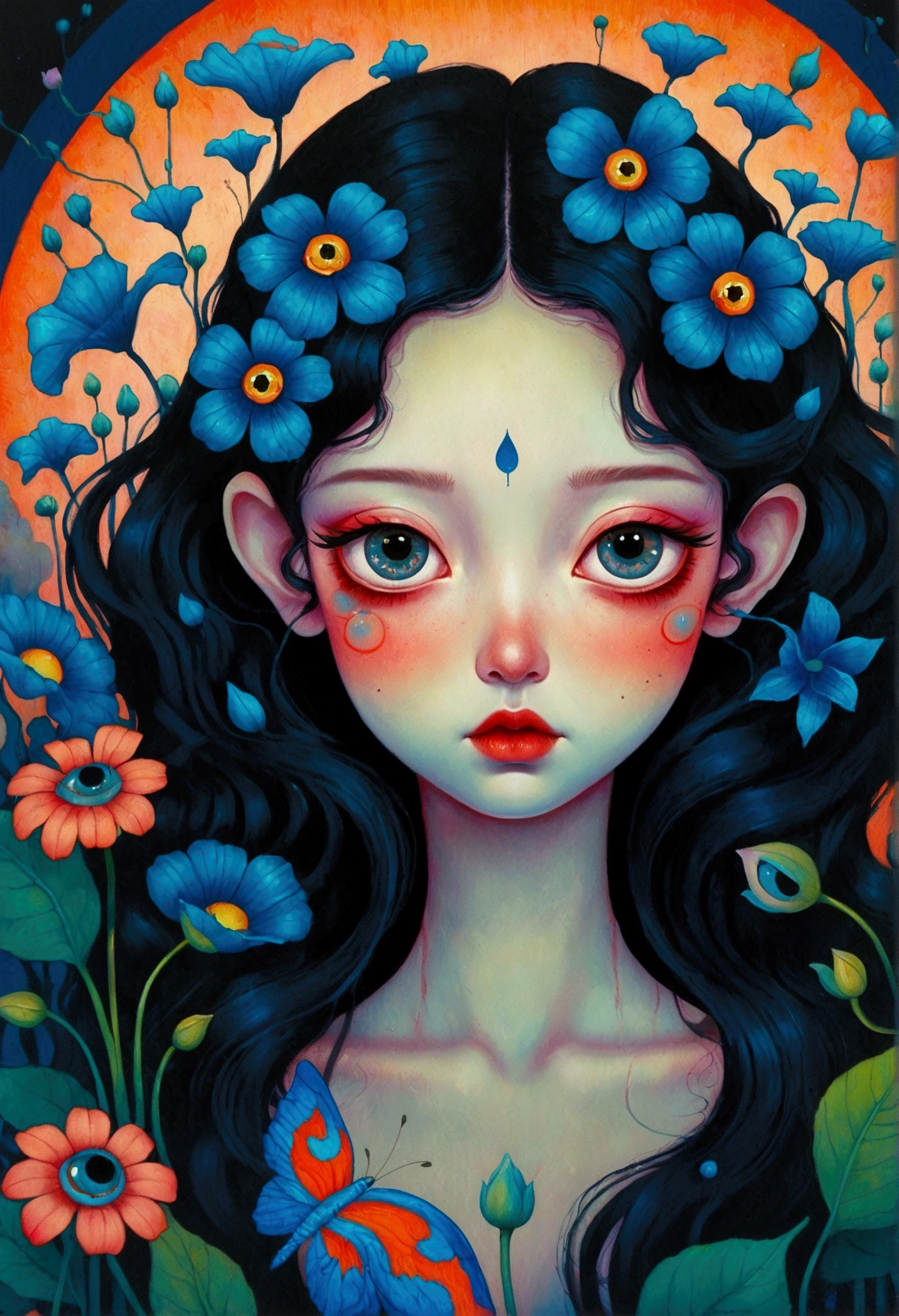 A poster，There is a flower with big eyes on it，Surrounded by flowers, Digital art inspired by Marco Mazzoni, Winner of the Behance competition, Psychedelic Art, Psychedelic illustration, beeple 和 james jean, Surrealism psychedelic design, psychedelic Surrealism art, Surrealism + Very detailed, Surrealism design, Psychedelic cosmic horror, Beeple 和 Jeremiah Ketner, Complex artwork. Neon eyes