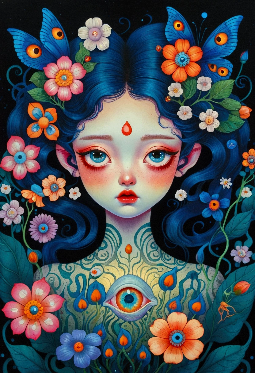 A poster,There is a flower with big eyes on it,Surrounded by flowers, Digital art inspired by Marco Mazzoni, Winner of the Behance competition, Psychedelic Art, Psychedelic illustration, beeple 和 james jean, Surrealism psychedelic design, psychedelic Surrealism art, Surrealism + Very detailed, Surrealism design, Psychedelic cosmic horror, Beeple 和 Jeremiah Ketner, Complex artwork. Neon eyes