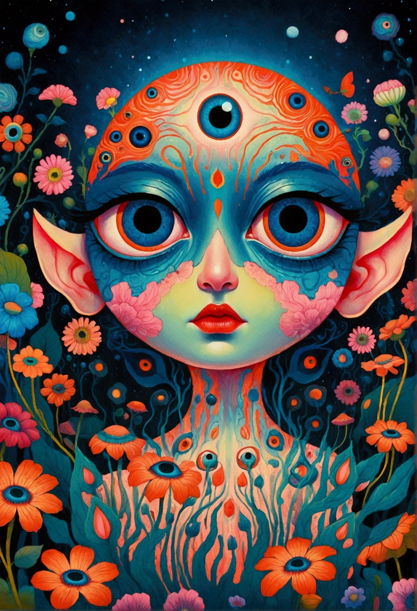 A poster，There is a flower with big eyes on it，Surrounded by flowers, Psychedelic illustration, beeping sounds and james jean, Surrealism psychedelic design, psychedelic Surrealism art, Surrealism + Very detailed, Surrealism design, Psychedelic cosmic horror, beeping sounds and jeremiah ketner, Complex artwork. Neon eyes, Otherworldly visuals, Psychedelic art style, beeping sounds. Surrealism
