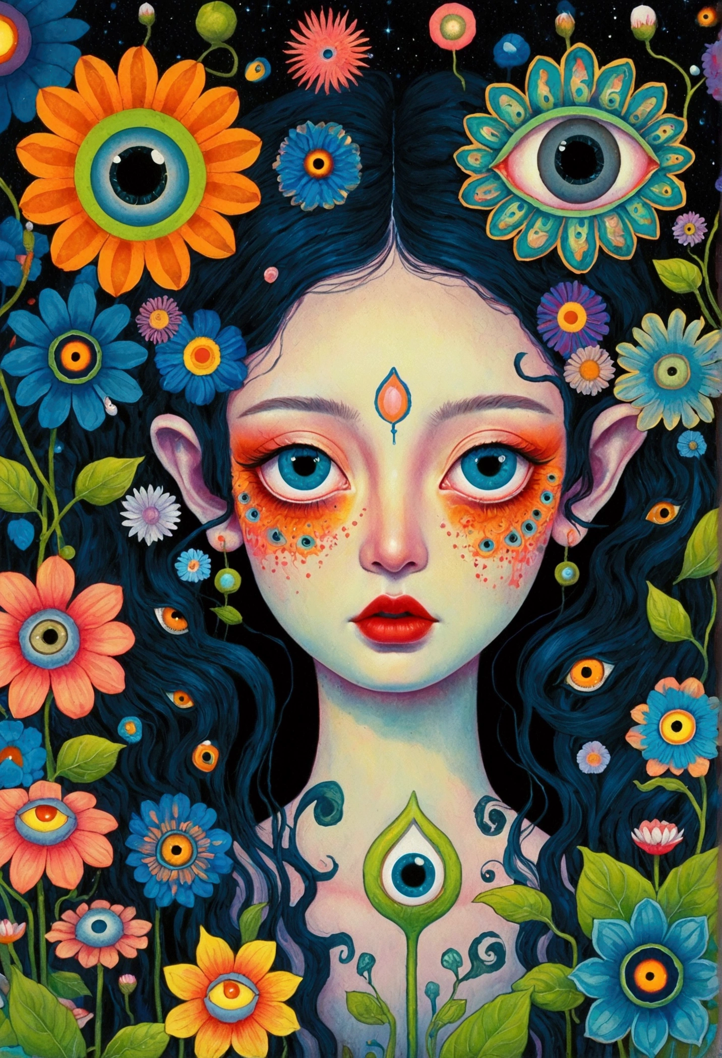 A poster,There is a flower with big eyes on it,Surrounded by flowers, Psychedelic illustration, beeping sounds and james jean, Surrealism psychedelic design, psychedelic Surrealism art, Surrealism + Very detailed, Surrealism design, Psychedelic cosmic horror, beeping sounds and jeremiah ketner, Complex artwork. Neon eyes, Otherworldly visuals, Psychedelic art style, beeping sounds. Surrealism