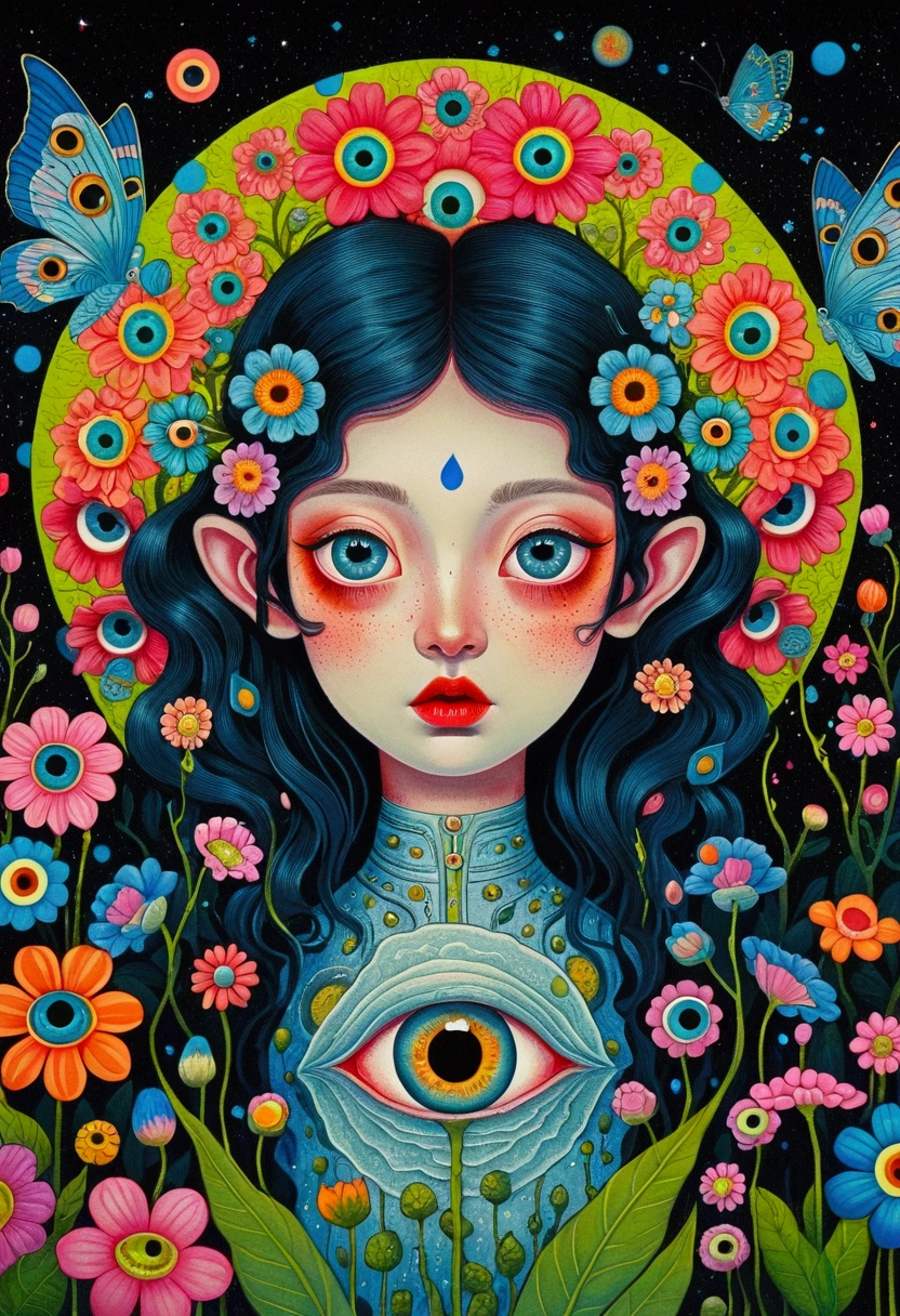 A poster,There is a flower with big eyes on it,Surrounded by flowers, Psychedelic illustration, beeping sounds and james jean, Surrealism psychedelic design, psychedelic Surrealism art, Surrealism + Very detailed, Surrealism design, Psychedelic cosmic horror, beeping sounds and jeremiah ketner, Complex artwork. Neon eyes, Otherworldly visuals, Psychedelic art style, beeping sounds. Surrealism