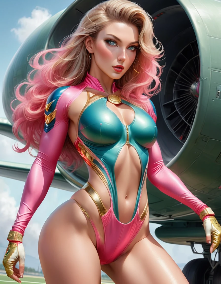 Beautiful goddess woman , Tall woman BODY, Tall woman, Strong curvy figure, muscle, Blue and pink suit, Body Tanga, Gold embellishment, Show off your beautiful thighs, Sweating of the buttocks, Strong buttocks, Tennis Gold Medal, golden glove, HUGE LONG BLUE GREEN PINK Body hair, Very pale skin, Body hair, Body hair STYLE, Expressive light grey eyes, High cheekbones, Red face, Strapless bodysuit, Full body view, Side of the fuselage, War scenes, Sexy, 神话artwork, artwork