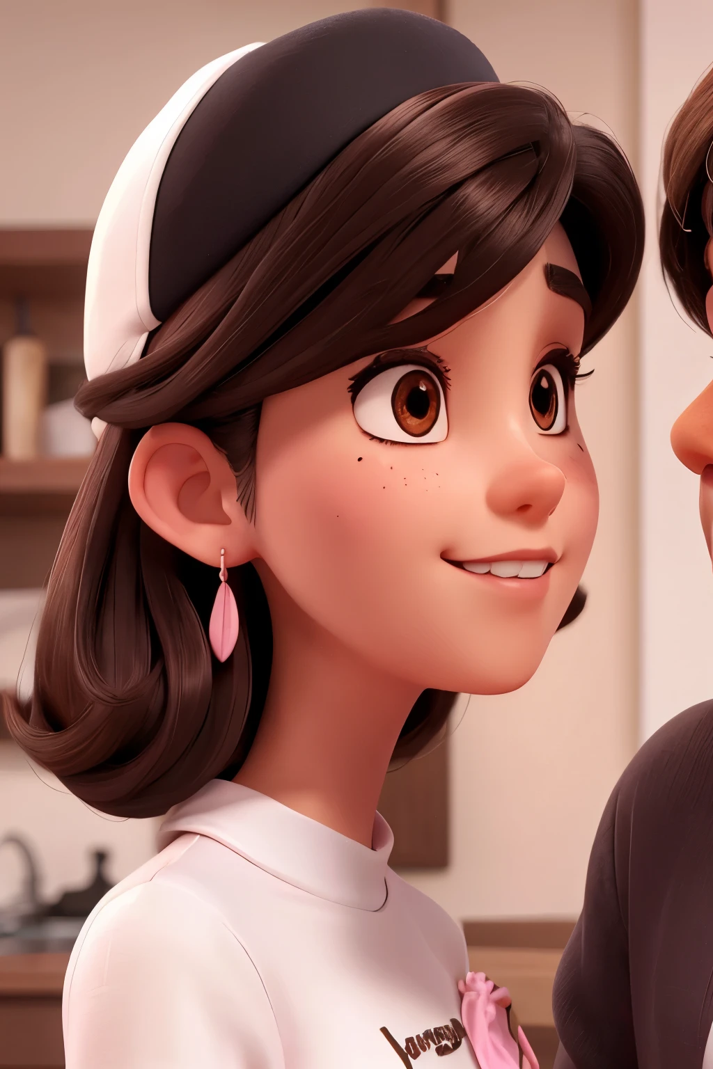 Beautiful white skin woman, dark brown eyes,long brown hair, mole near mouth left side, pink blouse with white skin beautiful man, black eyes, black hair, pink cap and white t-shirt