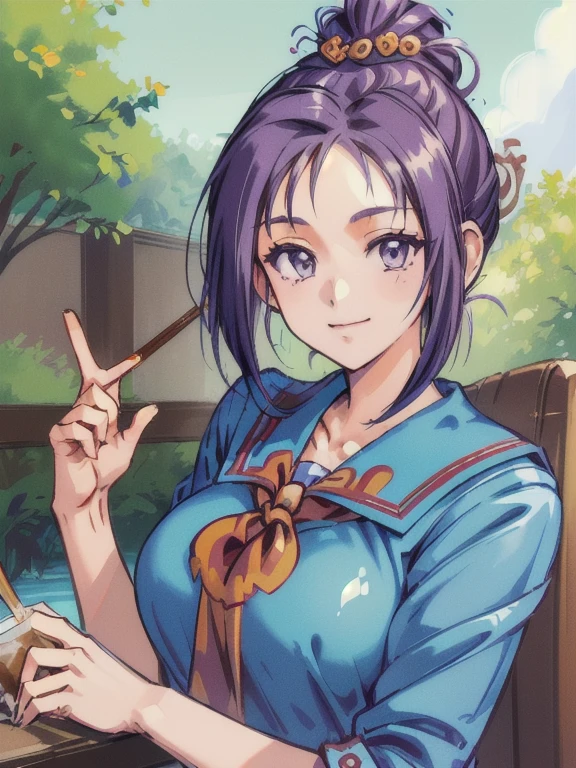 ((masterpiece)),((Ayako Katagiri)),((Katagiri Ayako)),((Mischievous Smile)),Anatomically perfect fingers,(((Kirameki High School Uniform))),(((Stylish cafe))),(((A moment of summer))),(((Drinking iced coffee)))
