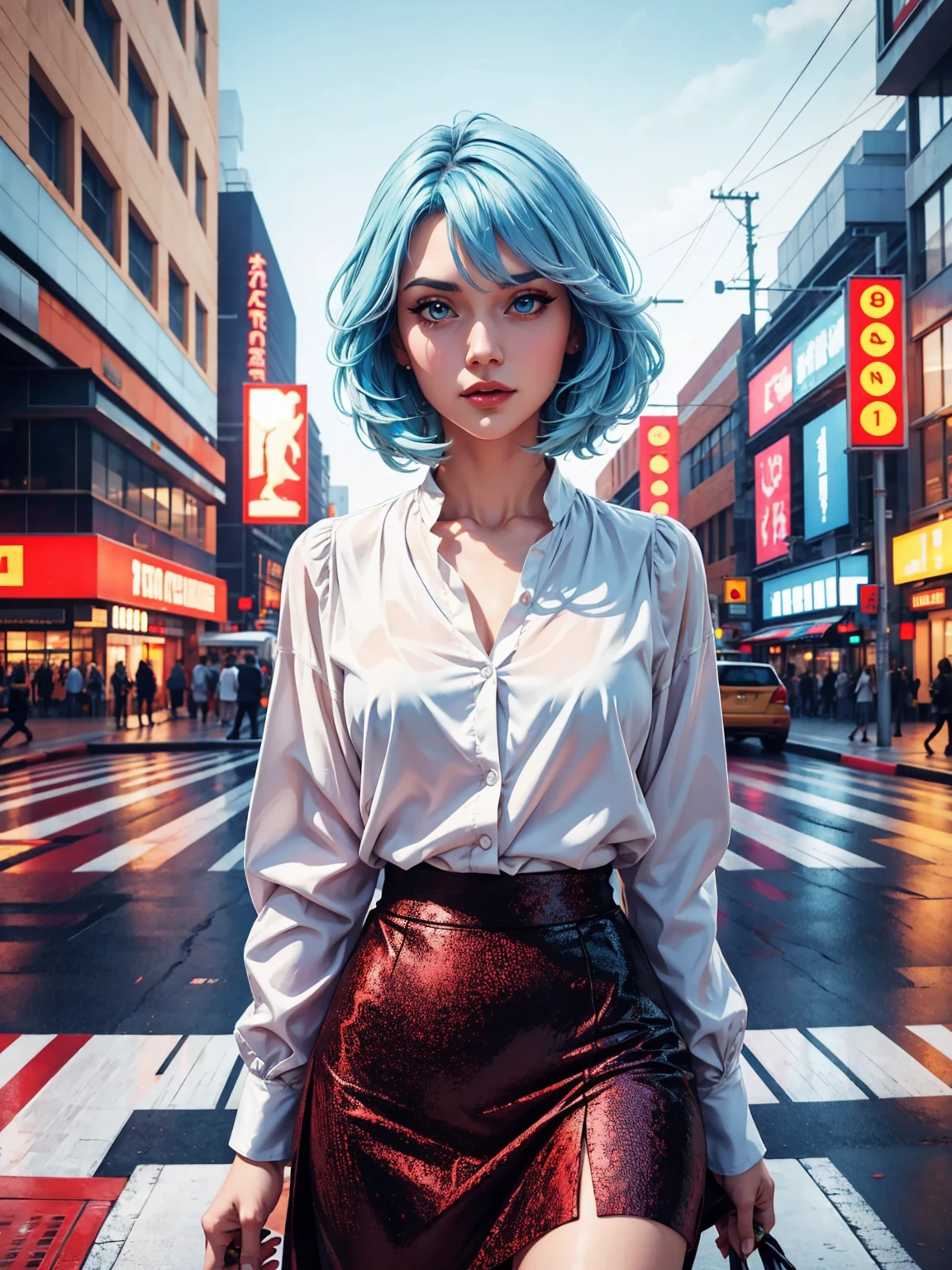 whole body, Upper Body、One beautiful woman, 4k, Warm colors , White blouse、skirt, pedestrian crossing、Signal, Complex background、Light blue hair