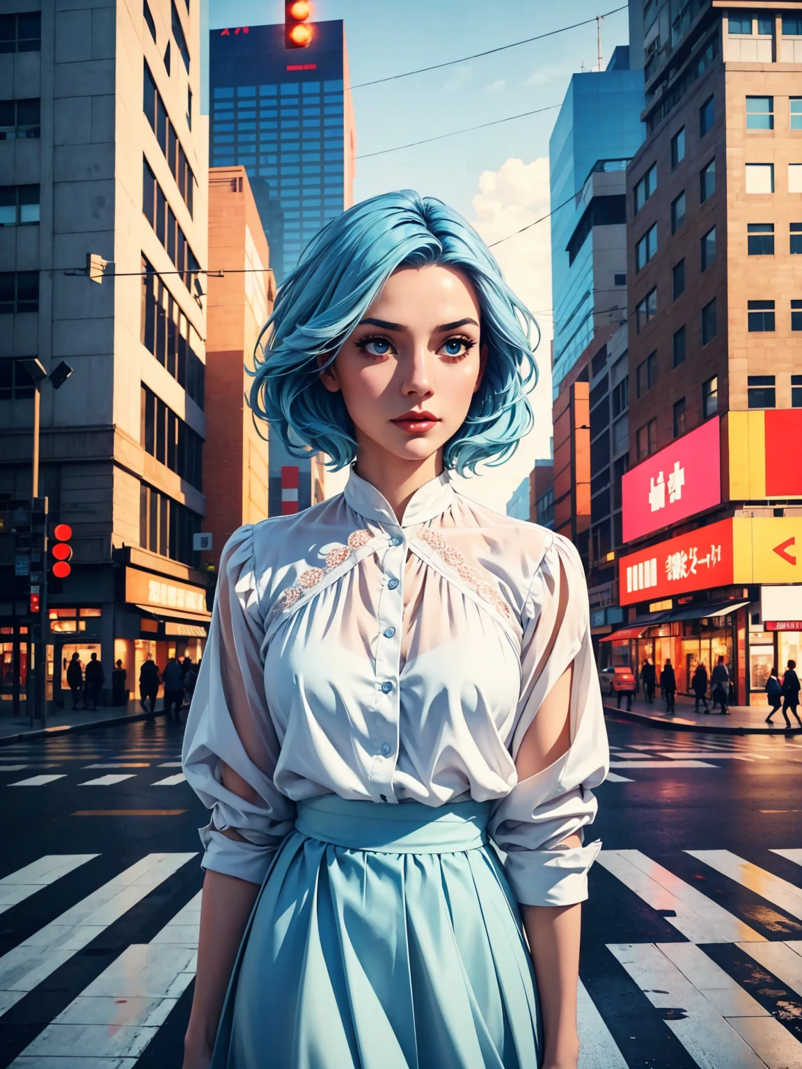 whole body, Upper Body、One beautiful woman, 4k, Warm colors , White blouse、skirt, pedestrian crossing、Signal, Complex background、Light blue hair