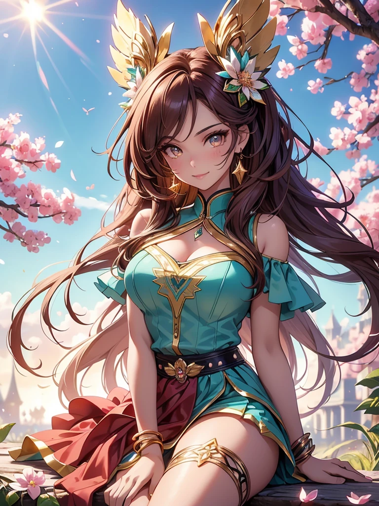 (best quality,4k,8k,highres,masterpiece:1.2),ultra-detailed,(realistic,photorealistic,photo-realistic:1.37),acrylic painting,beautiful Brazilian model in a uniform outfit red and gold with downy hair,beautiful Brazilian model with extremely colorful brown hair and detailed facial features,beautiful Brazilian model standing in a beautiful garden surrounded by a starry sky,brown hair,beautiful Brazilian model wearing a vibrant teal and gold uniform outfit,beautiful Brazilian model with intricate accessories,cat ears, ,beautiful Brazilian model with long flowing twintails,beautiful Brazilian model with bright brown eyes and rosy lips,beautiful Brazilian model with a joyful expression,beautiful Brazilian model in a dynamic pose with cherry blossoms falling around her,beautiful Brazilian model surrounded by colorful flowers and butterflies,beautiful Brazilian model's school uniform outfit adorned with cute bows and lace details red and gold,beautiful Brazilian model with an enchanting smile,beautiful Brazilian model with soft, pastel-colored shading,beautiful Brazilian model with a magical glow illuminating her,beautiful Brazilian model in a picturesque setting with a winding path leading to a magnificent castle,beautiful Brazilian model with a fairytale-like background,beautiful Brazilian model with a soft, dreamy atmosphere,beautiful Brazilian model with a subtle bokeh effect,beautiful Brazilian model standing under a sunny sky,beautiful Brazilian model with a warm, golden sunset in the background,beautiful Brazilian model surrounded by twinkling stars and colorful nebulae,creating an ethereal and captivating artistic masterpiece, sitting down, facing camera.