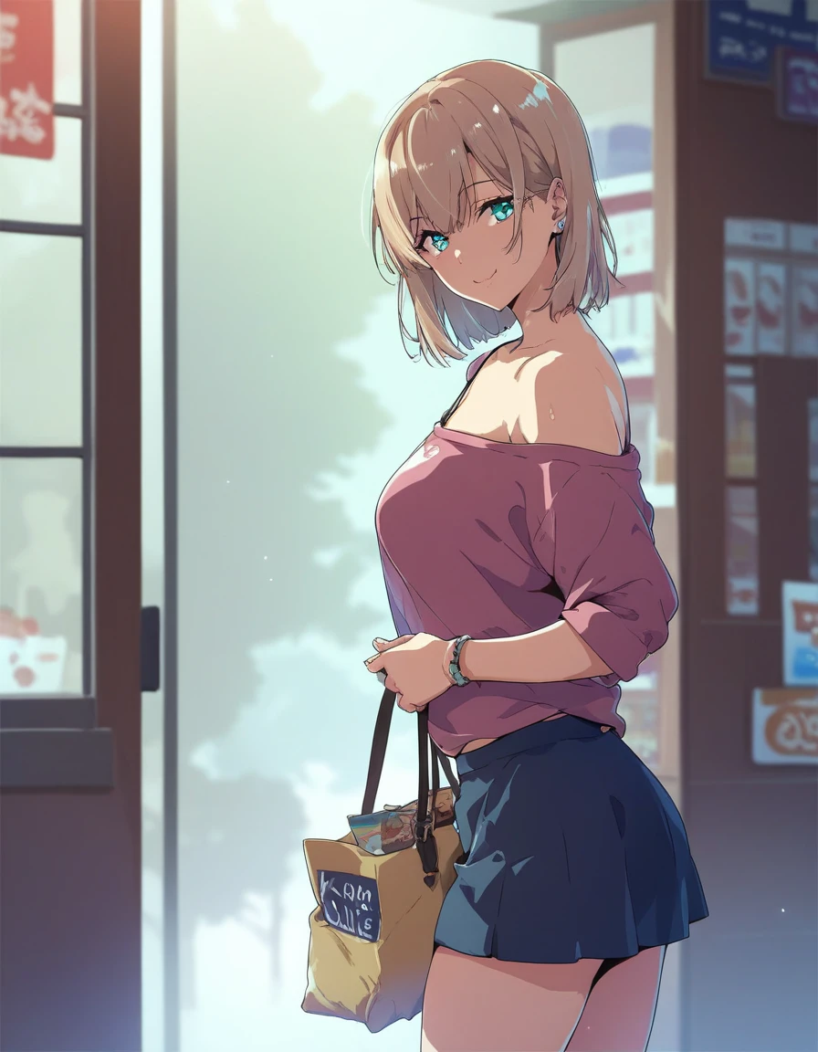 human, ((1girls)), 21 years old, medium hair, light brown hair, aqua eyes:1.2, medium breasts, off-shoulder shirt, short skirt, 1m70, ((Takeda Hiromitsu)), holding small bag, game store, outside door, smile,