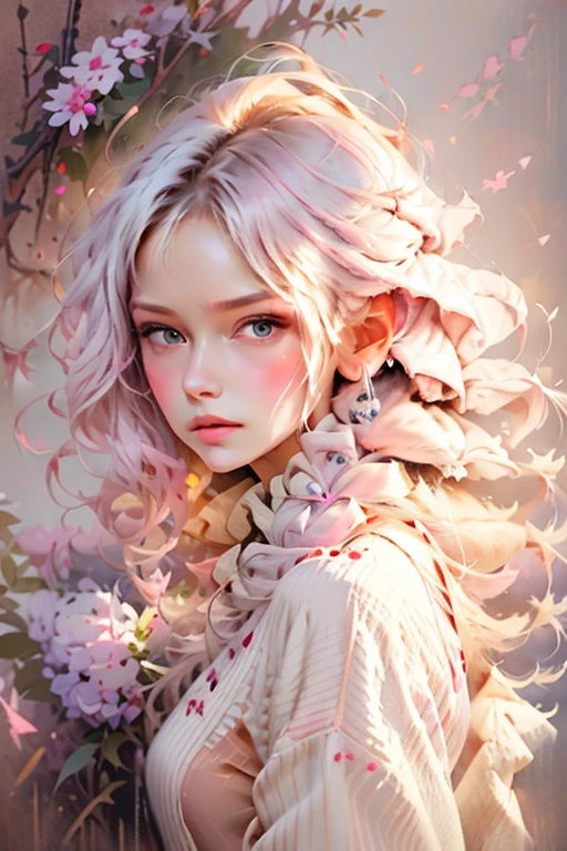 Pink skin woman with long white hair wearing a soft white dress[, oil painting,