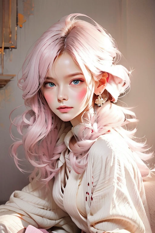 Pink skin woman with long white hair wearing a soft white dress[, oil painting,