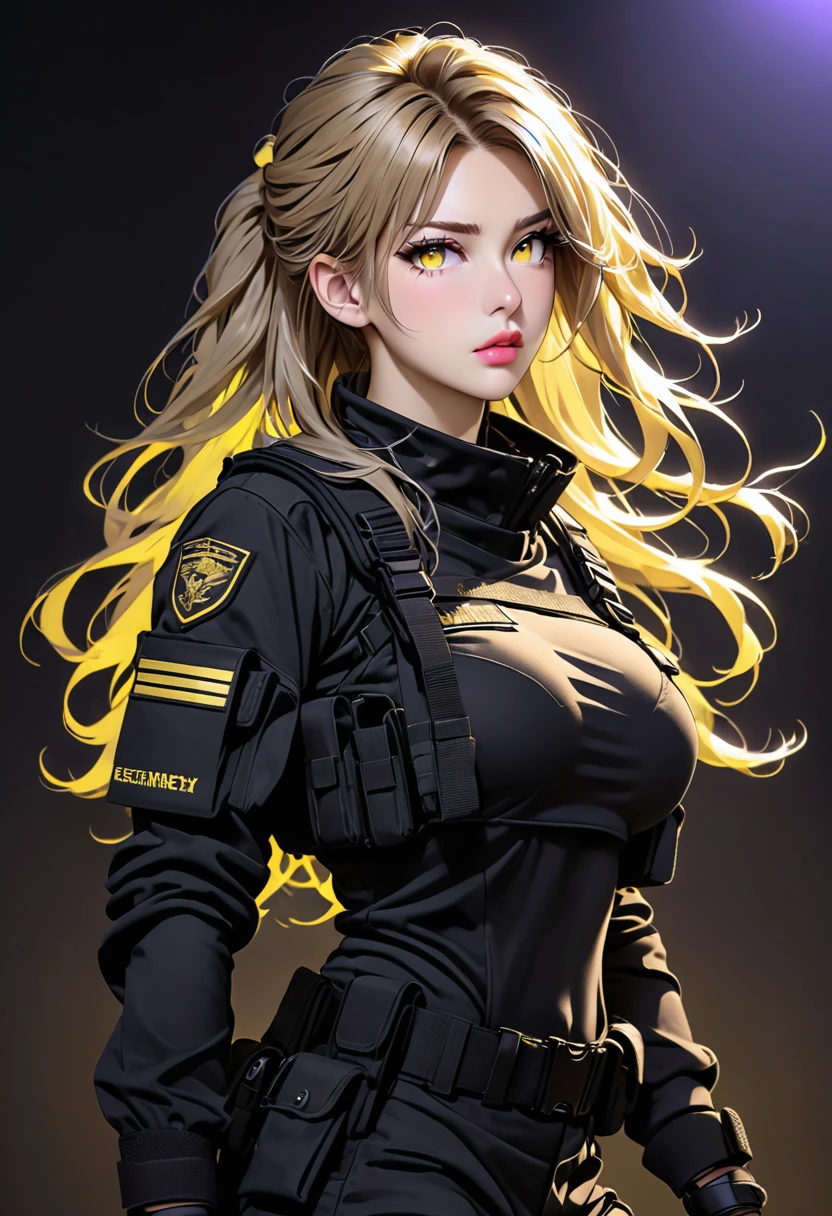 
Age: 24
Outfit: Black tactical uniform, black gloves, combat boots
Hair: Dark blonde, long, disheveled
Eyes: Light purple and yellow, luminescent
Features: Female, greek features, busty, , toned, full lips
Heightt: 5' 3", 160 cm; Background: Dark room