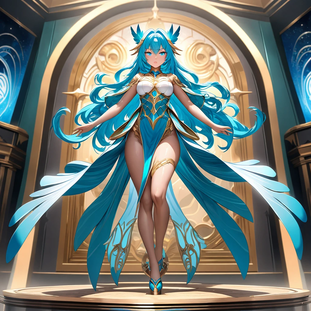 4K anime style quality, digital drawing mode, Libra-themed anime female character, medium-length teal hair with feather highlights, serene blue eyes, wearing an outfit with scales and balance motifs, holding a scale and sword, Blur the background to create a three-dimensional effect, atmosphere, standing in a celestial courtroom, radiant skin, flowing hair, glossy lips, balanced eyes, full body, dynamic pose, life size, perfect anatomy, detailed skin texture, full HD, 4K, HDR, perfect anatomy, depth of field.