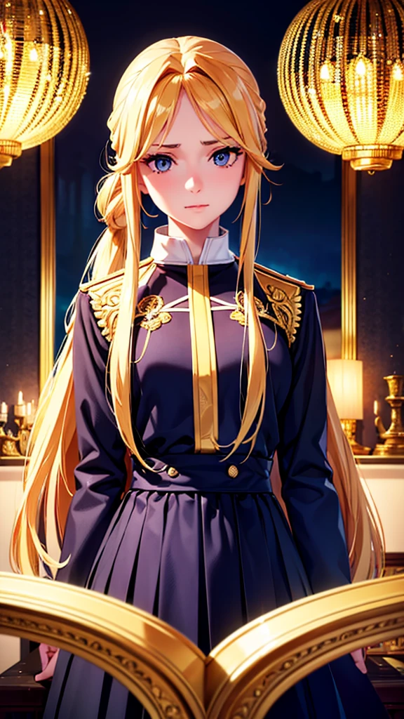 a beautiful young girl with long golden hair tied back, wearing a school uniform, with a shy and bashful expression, extremely detailed, hyper realistic, 8k, 4k, best quality, masterpiece, high resolution, photorealistic, cinematic lighting, vibrant colors, ornate, elegant, gorgeous, stunning, breathtaking, feminine, graceful, beautiful detailed eyes, beautiful detailed lips, extremely detailed eyes and face, long eyelashes, intricate details, high quality, amazing detail, dramatic, heroic, powerful, imposing, sweeping, majestic, epic, grand, magnificent, awe-inspiring