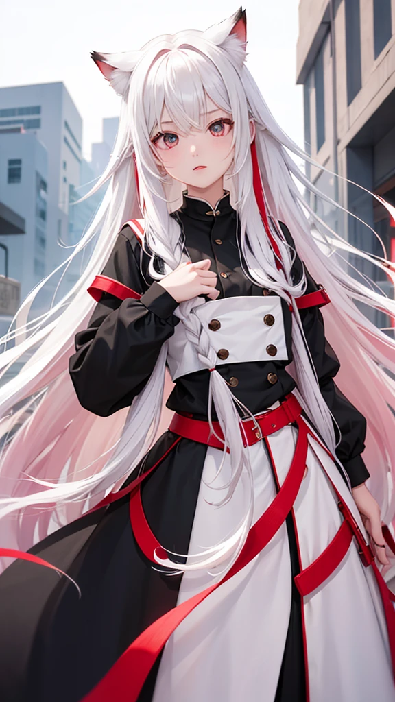 White and red gradient hair、long hair、One Girl、cute、Black clothes、High-waisted trousers、