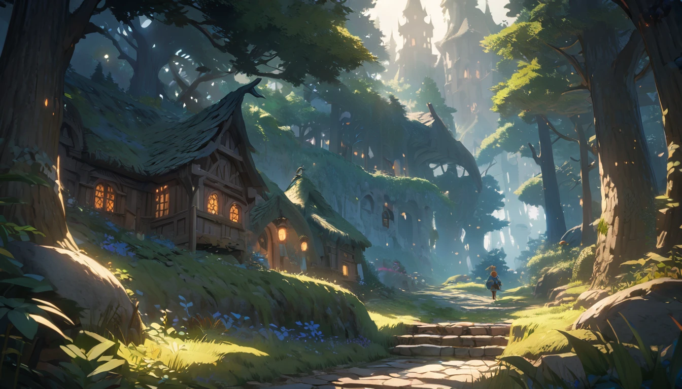 Ghibli, Nausicaa, (anime, fantasy, medieval village), (best quality, highres, HDR:1.2), vibrant colors, detailed landscape, intricate, there is a small path in the middle of a forest, cinematic forest lighting, moonlit forest environment, 8 k. volumetric lighting. dark, game engine lighting, environment lighting, rendered in cryengine, fantasy forest environment, highly detailed environment, detailed textures and lighting, dark fantasy environment, detailed lighting and textures, detailed environment, beautiful and cinematic lighting