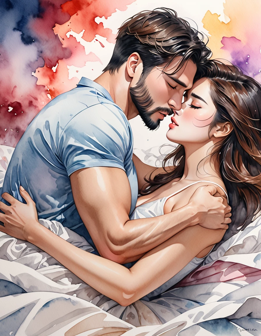 Estilo Micho、(((moda elegante))), calidad 8k、acuarela intensa, Arte detallado de la acuarela, Salpicaduras de acuarela, Surreal, Create a realistic watercolor-style illustration that captures a passionate moment between a couple kissing on a bed. The man, with black hair, a muscular body, and a beard, should be displaying an expression of intense emotion and desire. The woman, with brown hair, is in a suggestive position on top of him, with an aura of surrender and ecstasy. The scene should show a mess of crumpled and fallen sheets around, suggesting the spontaneity and passion of the moment. The background should be dark to highlight the couple, but with a mix of vibrant colors and ethereal smoke that merges and disperses, creating a dynamic contrast that accentuates the fervor and connection between them.