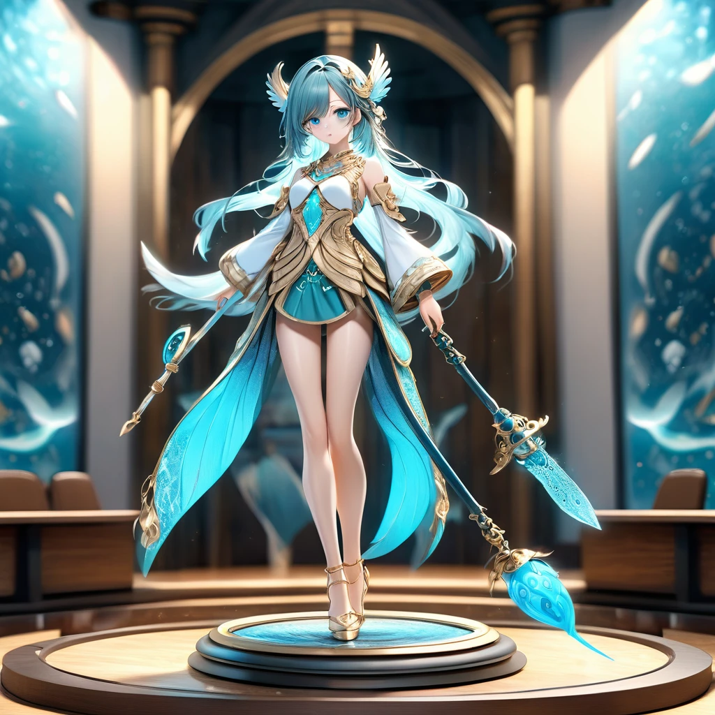 4K anime style quality, digital drawing mode, Libra-themed anime female character, medium-length teal hair with feather highlights, serene blue eyes, wearing an outfit with scales and balance motifs, holding a scale and sword, Blur the background to create a three-dimensional effect, atmosphere, standing in a celestial courtroom, radiant skin, flowing hair, glossy lips, balanced eyes, full body, dynamic pose, life size, perfect anatomy, detailed skin texture, full HD, 4K, HDR, perfect anatomy, depth of field.