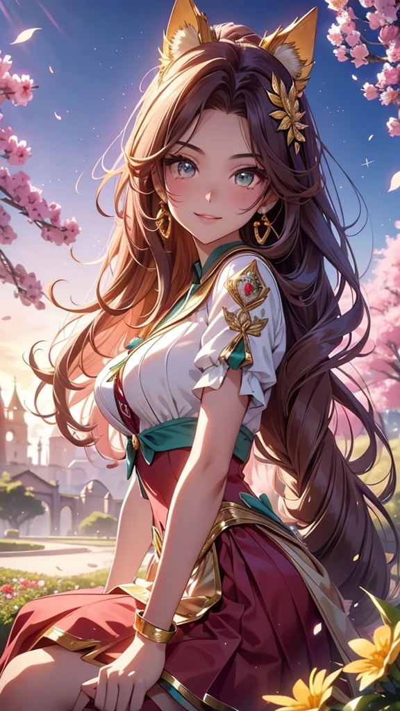 (best quality,4k,8k,highres,masterpiece:1.2),ultra-detailed,(realistic,photorealistic,photo-realistic:1.37),acrylic painting,beautiful Brazilian model in a uniform outfit red and gold with downy hair,beautiful Brazilian model with extremely colorful brown hair and detailed facial features,beautiful Brazilian model standing in a beautiful garden surrounded by a starry sky,brown hair,beautiful Brazilian model wearing a vibrant teal and gold uniform outfit,beautiful Brazilian model with intricate accessories,cat ears, ,beautiful Brazilian model with long flowing twintails,beautiful Brazilian model with bright brown eyes and rosy lips,beautiful Brazilian model with a joyful expression,beautiful Brazilian model in a dynamic pose with cherry blossoms falling around her,beautiful Brazilian model surrounded by colorful flowers and butterflies,beautiful Brazilian model's school uniform outfit adorned with cute bows and lace details red and gold,beautiful Brazilian model with an enchanting smile,beautiful Brazilian model with soft, pastel-colored shading,beautiful Brazilian model with a magical glow illuminating her,beautiful Brazilian model in a picturesque setting with a winding path leading to a magnificent castle,beautiful Brazilian model with a fairytale-like background,beautiful Brazilian model with a soft, dreamy atmosphere,beautiful Brazilian model with a subtle bokeh effect,beautiful Brazilian model standing under a sunny sky,beautiful Brazilian model with a warm, golden sunset in the background,beautiful Brazilian model surrounded by twinkling stars and colorful nebulae,creating an ethereal and captivating artistic masterpiece, sitting down, facing camera, uniform outfit sailor scout