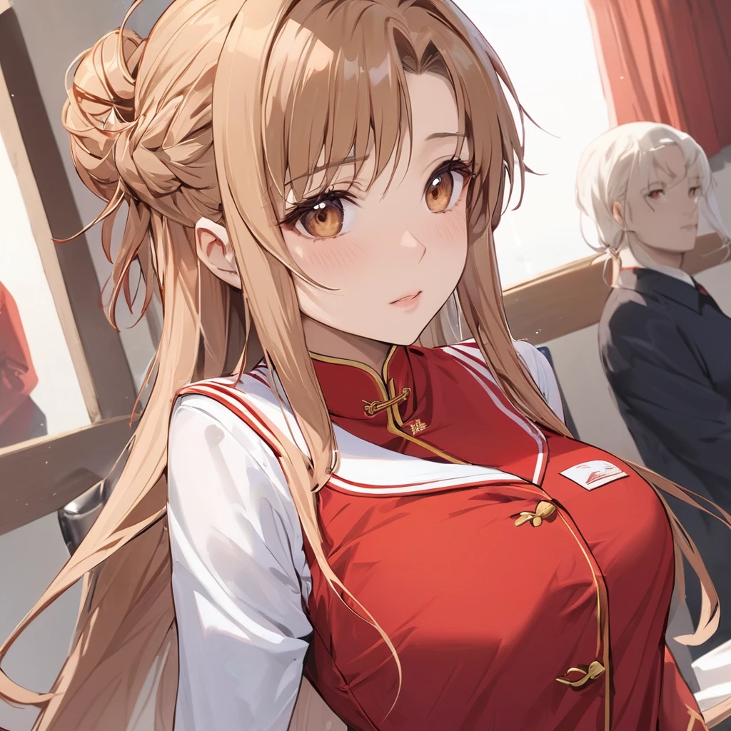 ((Highest quality)), ((masterpiece)), (detailed), (Perfect Face)、The woman is Chinese Yuuki Asuna, a Chinese woman with light brown, semi-long hair.、The woman is a cabin attendant for an airline directly operated by the Chinese Communist Party and is wearing a red uniform.、For the sake of China, their hairstyles, clothes, and everything they wear are all Chinese Communist Party items, and their thoughts are also Chinese, becoming great Chinese in body and mind.