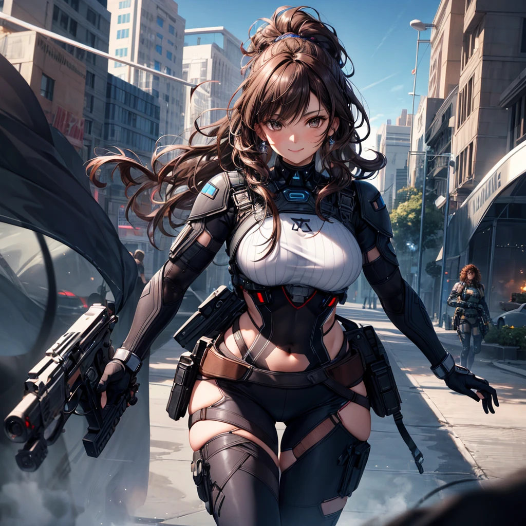 High quality, ultra-realistic images of women. The woman is of mixed Native American and Jewish descent.. Powerful Features, Fair skin. Dark brown curly hair, Dark Eyes. The woman is wearing a semi-futuristic combat suit.. She has a gun and a knife strapped to her body.. Beautiful woman smiling. Her eyes shine with hatred.
