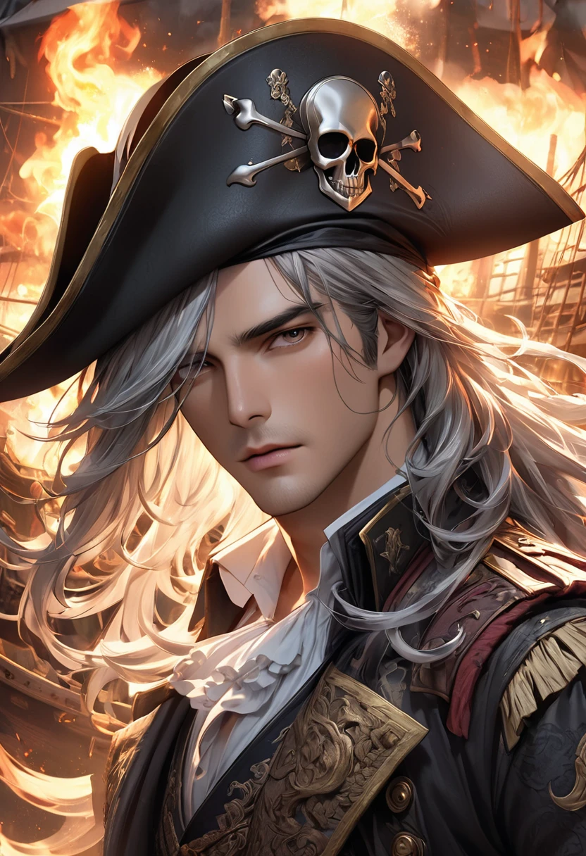        
                    A handsome boy with long silver hair wearing a pirate hat on a pirate ship., Cool handsome、Handsome close-up. Exquisite and intricate pirate costume. Delicate and dynamic. Firelight swirl. Dynamic depiction. Realistic high detail., Best quality background pirate ship smoke fire intense conflict war movie special effects   ( Correct and perfect anatomy ) Ultra-detailed animation art and visual effects masters perfectly compose intricately detailed digital art   