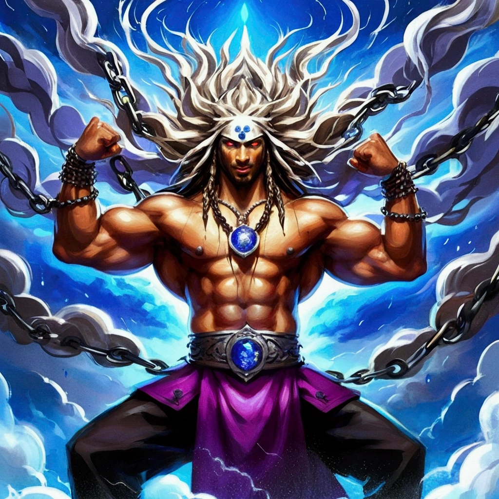 impressive, visually captivating figure of a powerful Maratha (shout:1.5) Power Up Pose, Power Posture, A hall in the dark clouds and heavy rain々A prisoner warrior standing. His muscular body, His arms are adorned with huge long chains and black chains.。, Hip, And legs, His bright blue eyes and fierce determination exude strength.. have a perfect face,My hair is standing on end, He shouted in anger、Pull the chain with great force。. The blue hour light shines on him from behind, Dramatic rim lighting on his stocky build, A chaotic atmosphere adds excitement to the dark fantasy scene, the warrior's immense size and the gathering clouds create a mesmerizing visual experience that is both Vibrant and Cinematic, blending elements of Painting, Poster, and fashion into a concept, Vibrant, Poster, fashion, figure, Cinematic, Painting, Dark Fantasy Art:Greg Rutkowski