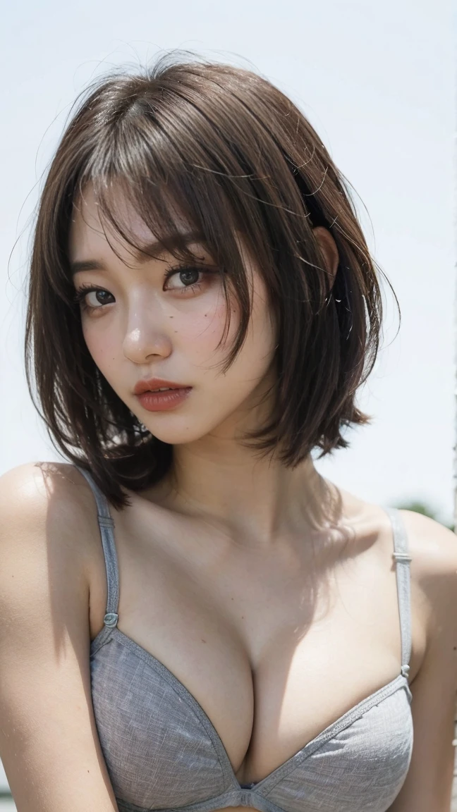 (Highest quality,8k,32K,masterpiece,Ultra-high resolution:1.2), (Capture the entire image, Even on your head:1.5), ((Mouth closed,Bright expression:1.2)), ((Medium Hair,Beautiful Bangs:1.5)), positive, Professional Lighting, Flash photography, Shaded photo,((Cleavage:1.5)),((Mid-chest)), whole body, Plain gray background, ((Not wearing a bra:1.6)), ((Completely naked))