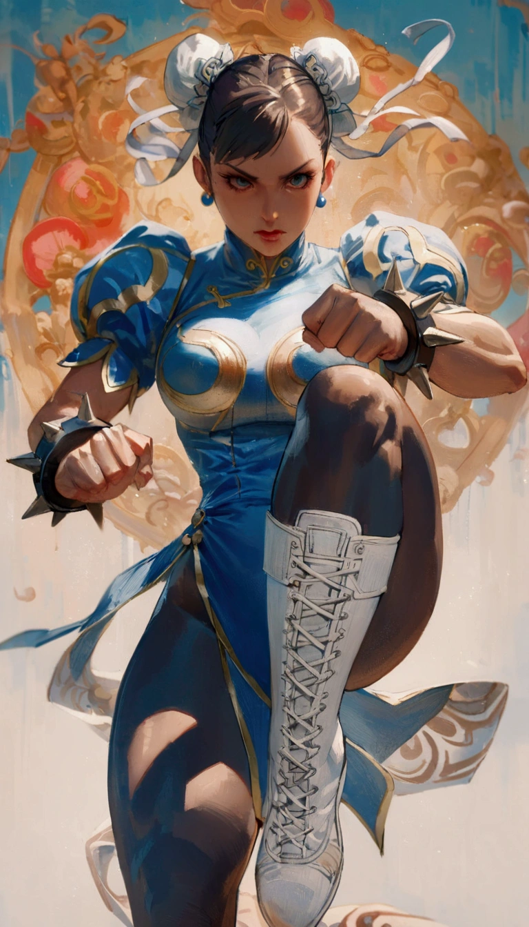 Arafe woman chun-li solo with ponytail haighting Game Fightetness Model、Big breasts about to burst、No exposed skin、thin and long legs,、Fitness Body Shape、Pose ready to fight、battle look, close up 