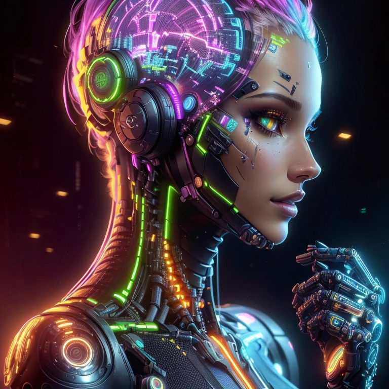 a closeup of a person with a futuristic head and a microphone, psychedelic organic cyborg, Cyborg - Chica, chica cyborg, intricate transhuman, Cyborg woman, transhumanista cyberpunk, cybernetic glowing, cyberpunk dreamy girl, Advanced digital cyberpunk art, cyberpunk art style, cybernetic and very detailed, perfect cyborg woman, cybernetic body