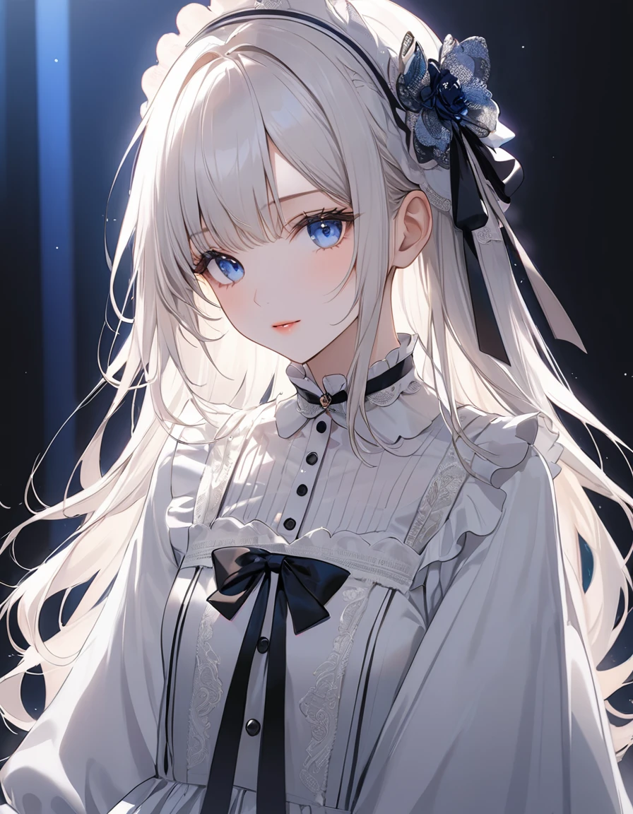 (silhouette art)),(top-quality),(masuter piece),Delicately drawn face,girl with a pretty face,beautiful detailed blue eyes,white ****ta fashion,((beautiful detailed white costume)),(Beautiful silky white hair:1.2),black ribbon hair ornament,pale skin,spot lighting,(background is silhouette of birdcage),cowboy shot