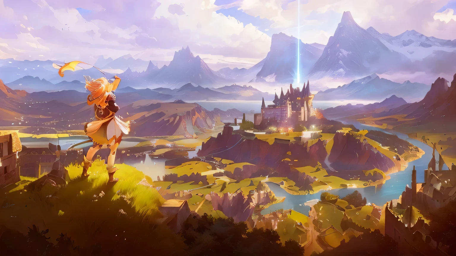 Anime style,Depicts a girl gazing at a castle in a valley, cushart krenz key art feminine, magical fantasy 2d concept art, In front of a fantasy city, game key art, Kingdom of Light Background, dusk,warmth