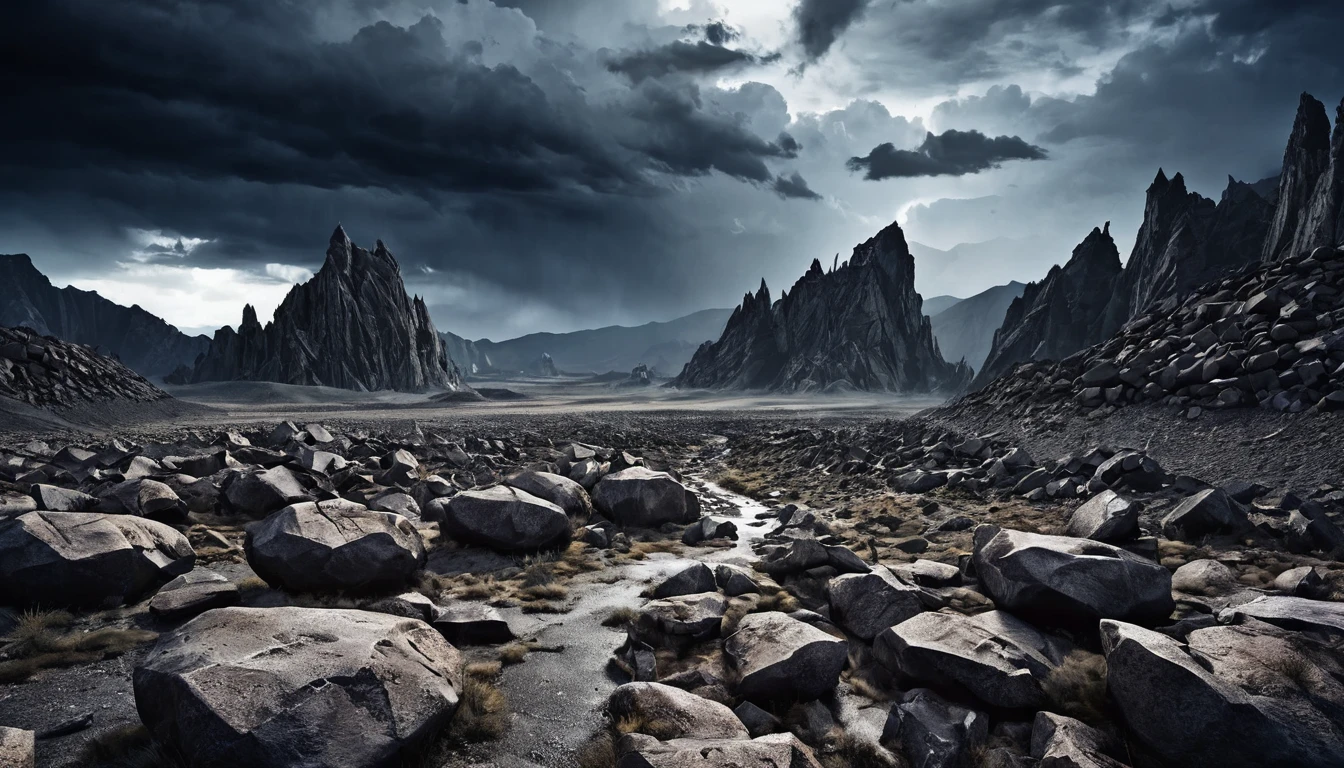 destroyed scenery, wasteland, Stormy sky, rock mountains, view between several huge rocks, huge cracks, dark.