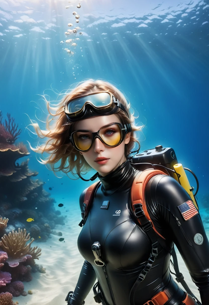 ((Full Body Shot))During the diving course,There is a woman wearing a diving suit and goggles.,Wear a diving helmet, Instagram, Diver on the seabed, Diver on the seabed, Old Scuba, GoPro filming, Abandoned diving mask, Underwater viewpoint, 3 6 0 Capture, Amanda Clarke, Underwater photography,