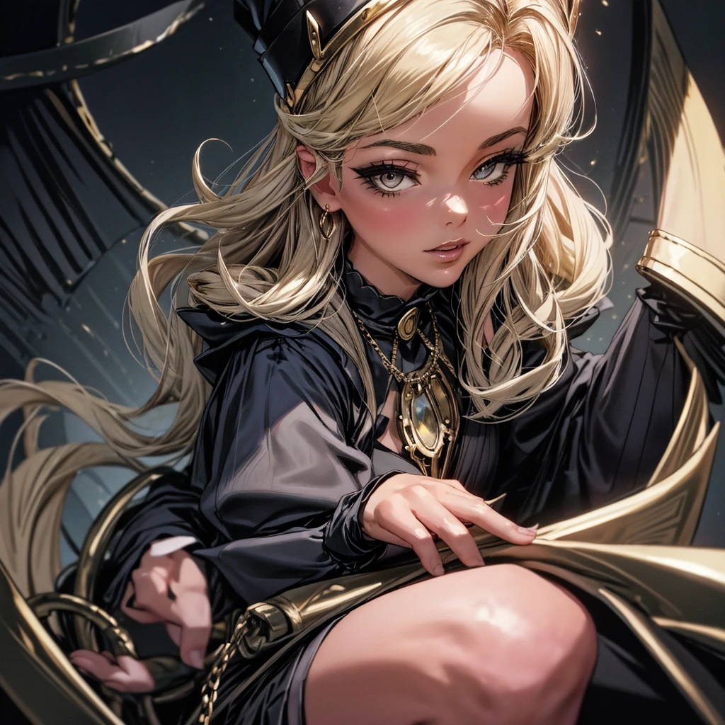 (masterpiece:1.2), (best quality:1.2), perfect eyes, perfect face, perfect lighting, 1girl, mature female wizard casting a dark spell atop a cliff, staff, medium blond hair, curly hair, mage_glam, black and gold robes, long sleeves, necklace, chains, straps, belts, stockings, garters, wizard hat, long nails, detailed background, makeup, eyeshadow, thick eyelashes, fantasy, looking at the viewer  