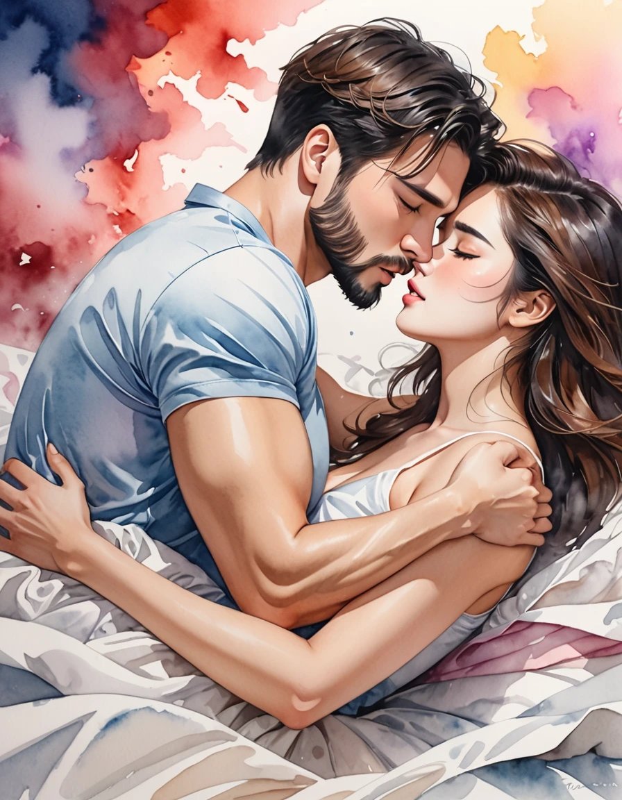 Estilo Micho、(((moda elegante))), calidad 8k、acuarela intensa, Arte detallado de la acuarela, Salpicaduras de acuarela, Surreal, Create a realistic watercolor-style illustration that captures a passionate moment between a couple kissing on a bed. The man, with black hair, a muscular body, and a beard, should be displaying an expression of intense emotion and desire. The woman, with brown hair, is in a suggestive position on top of him, with an aura of surrender and ecstasy. The scene should show a mess of crumpled and fallen sheets around, suggesting the spontaneity and passion of the moment. The background should be dark to highlight the couple, but with a mix of vibrant colors and ethereal smoke that merges and disperses, creating a dynamic contrast that accentuates the fervor and connection between them.