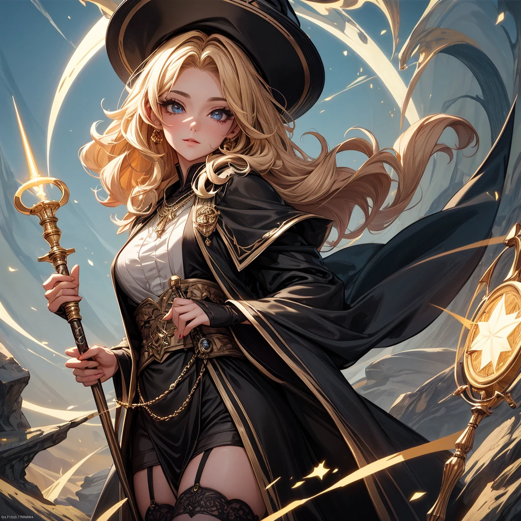 (masterpiece:1.2), (best quality:1.2), perfect eyes, perfect face, perfect lighting, 1girl, mature female wizard casting a dark spell atop a cliff, staff, medium blond hair, curly hair, mage_glam, black and gold robes, long sleeves, necklace, chains, straps, belts, stockings, garters, wizard hat, long nails, detailed background, makeup, eyeshadow, thick eyelashes, fantasy, looking at the viewer