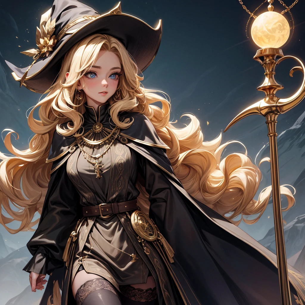 (masterpiece:1.2), (best quality:1.2), perfect eyes, perfect face, perfect lighting, 1girl, mature female wizard casting a dark spell atop a cliff, staff, medium blond hair, curly hair, mage_glam, black and gold robes, long sleeves, necklace, chains, straps, belts, stockings, garters, wizard hat, long nails, detailed background, makeup, eyeshadow, thick eyelashes, fantasy, looking at the viewer