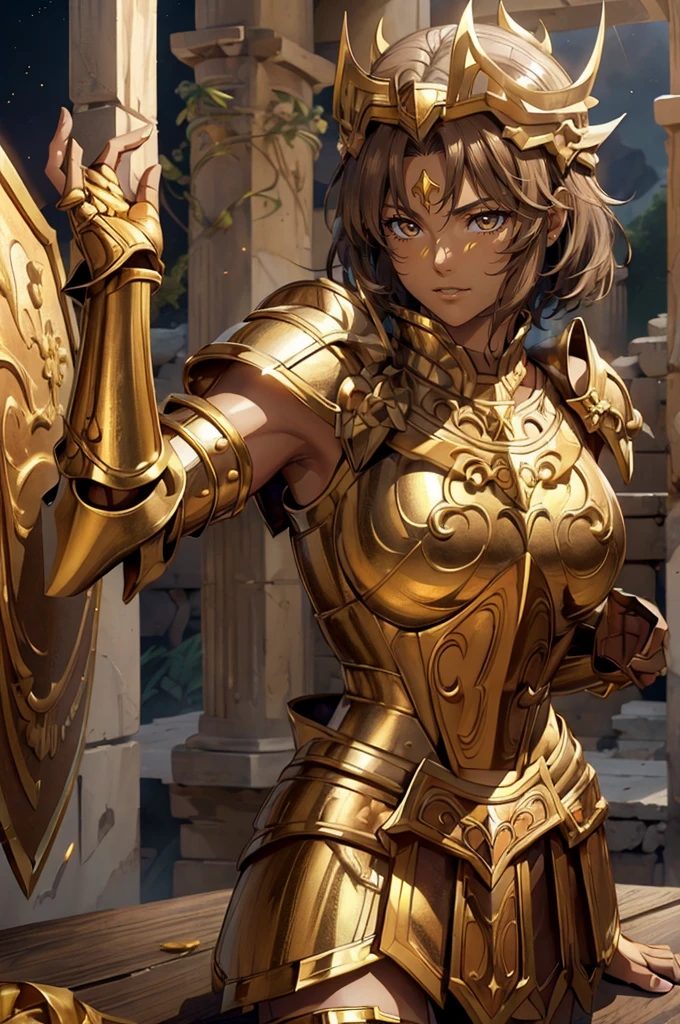top-quality, 8K, ultra - detailed, (short hair brown hair:1.3), A Japanese lady, On the table, Best quality at best, A high resolution, realistic skin textures, armour, (realisticlying: 1.4), A high resolution, RAW photogr, 1 beautiful women, Glossy glossy skin, (skin detailed: 1.4), realistic skin textures, better lighting, cheerful, dramatic lights, (Background of Greek temple walls: 1.3), (nigh sky: 1.1), kosmos, milky ways, (shelmet: 1.2), suntanned skin, (golden breastplate: 1.4), (shelmet), firey, serius face, golden armour, 20yr old, (lightning effects:1.1).
