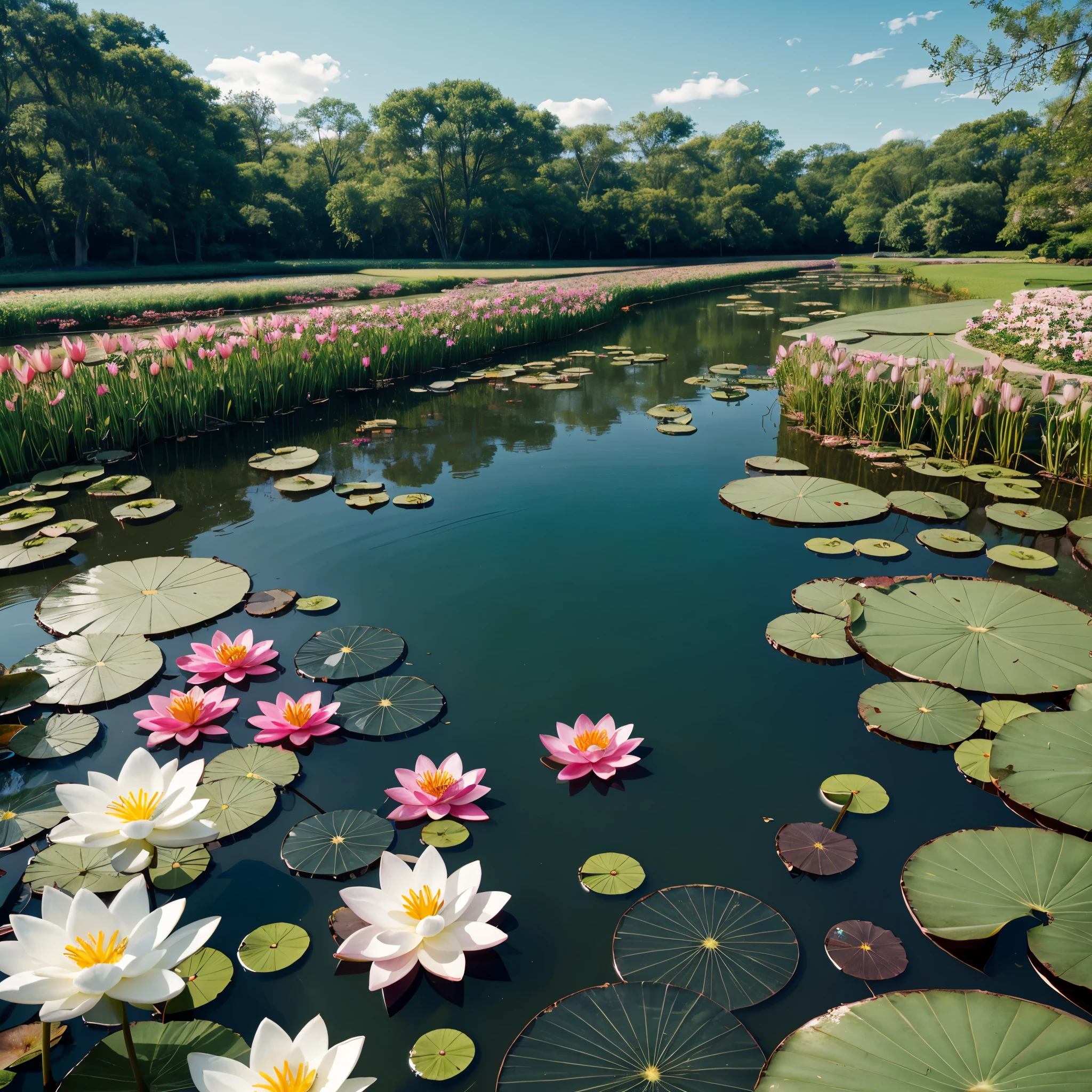body of water, floating varieties of flowers, vibrant colors, lotus, lilies, petals, few ripples, clean reflection, serene atmosphere, calm surface, tranquil scene, natural beauty, detailed textures, high-quality rendering, gentle waves, clear water, botanical diversity, picturesque setting