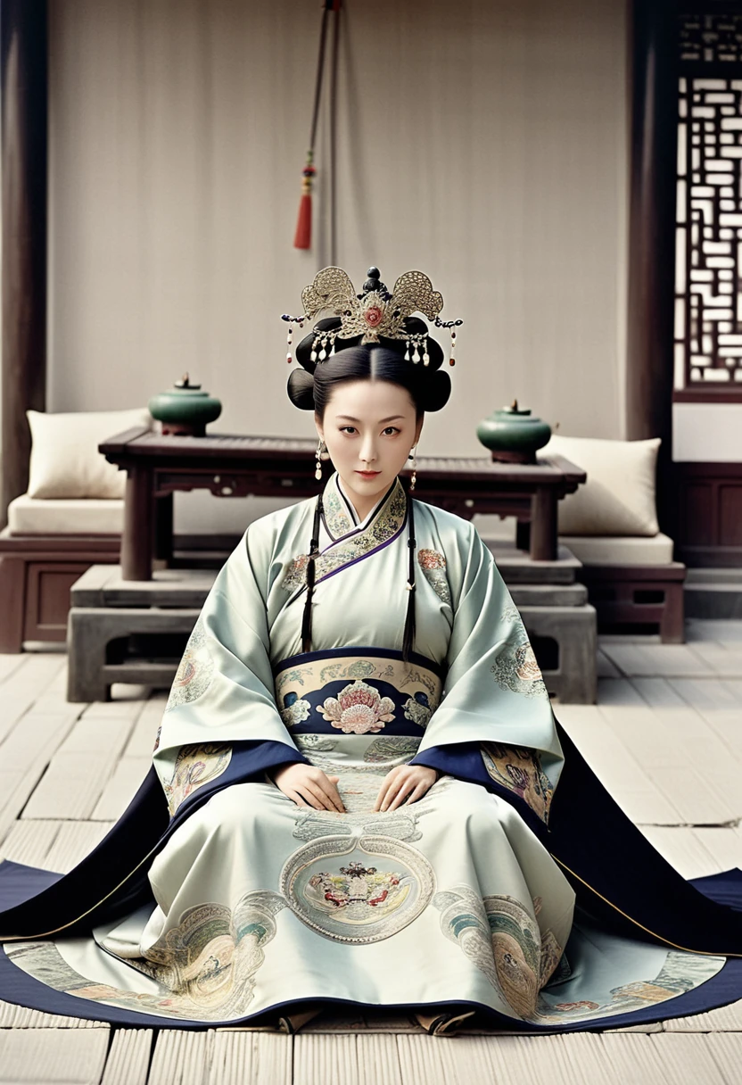 Empress of the Qing Dynasty sitting naked in Chinese court with she's spreading her legs. Empress of the Qing Dynasty Empress of China wearing a crown the size of a Chinese empress with her hair tied back and up, background of stone tatami outside the Qing Dynasty