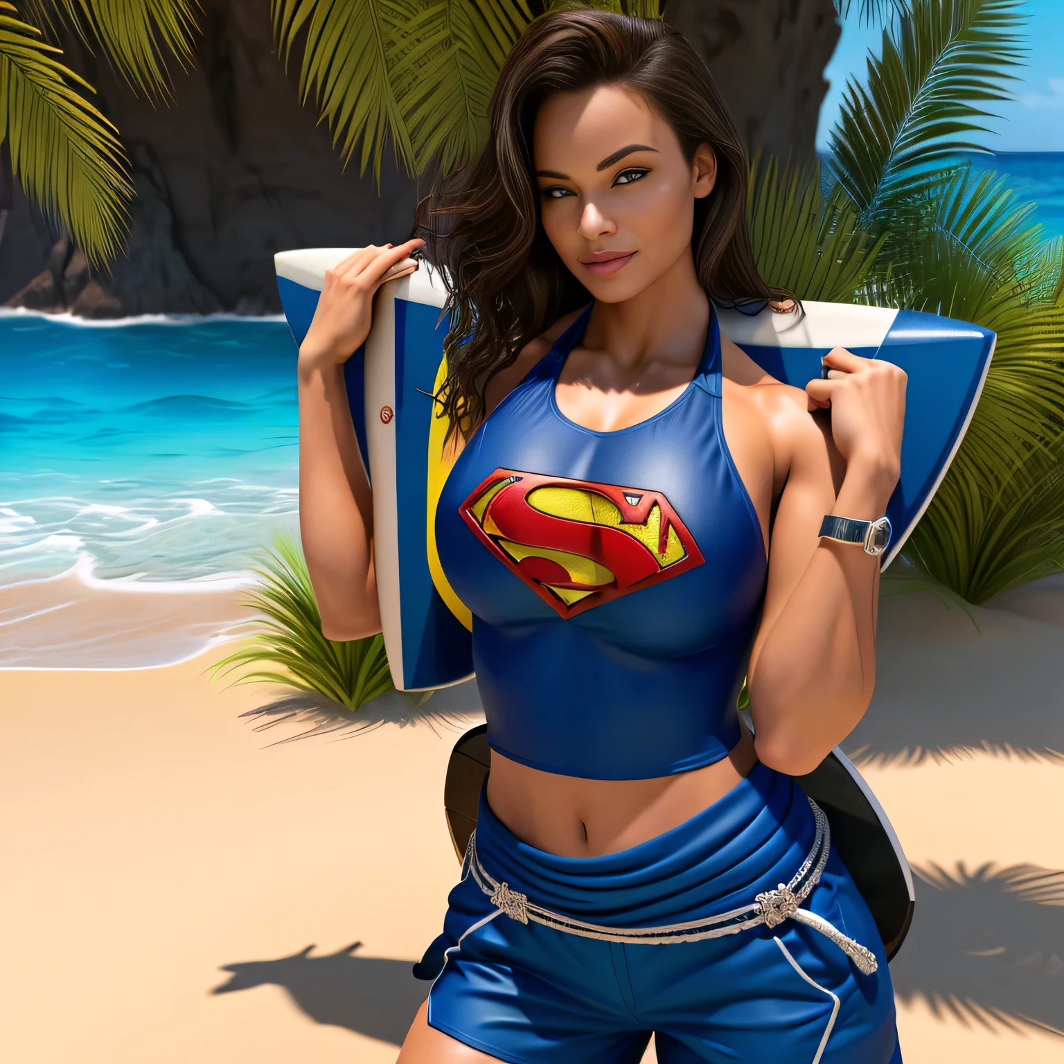 arafed woman in a bikini holding a surfboard and a life preserver, promotional render, bodybuilder superhero bikini, bikini armour, realistic bikini, bikini armor, photorealistic perfect body, bikini-armor, sport bra and dark blue shorts, semi - realistic render, fitness model, by Aleksander Gierymski, near the beach, 3d renders, She is 47 years old