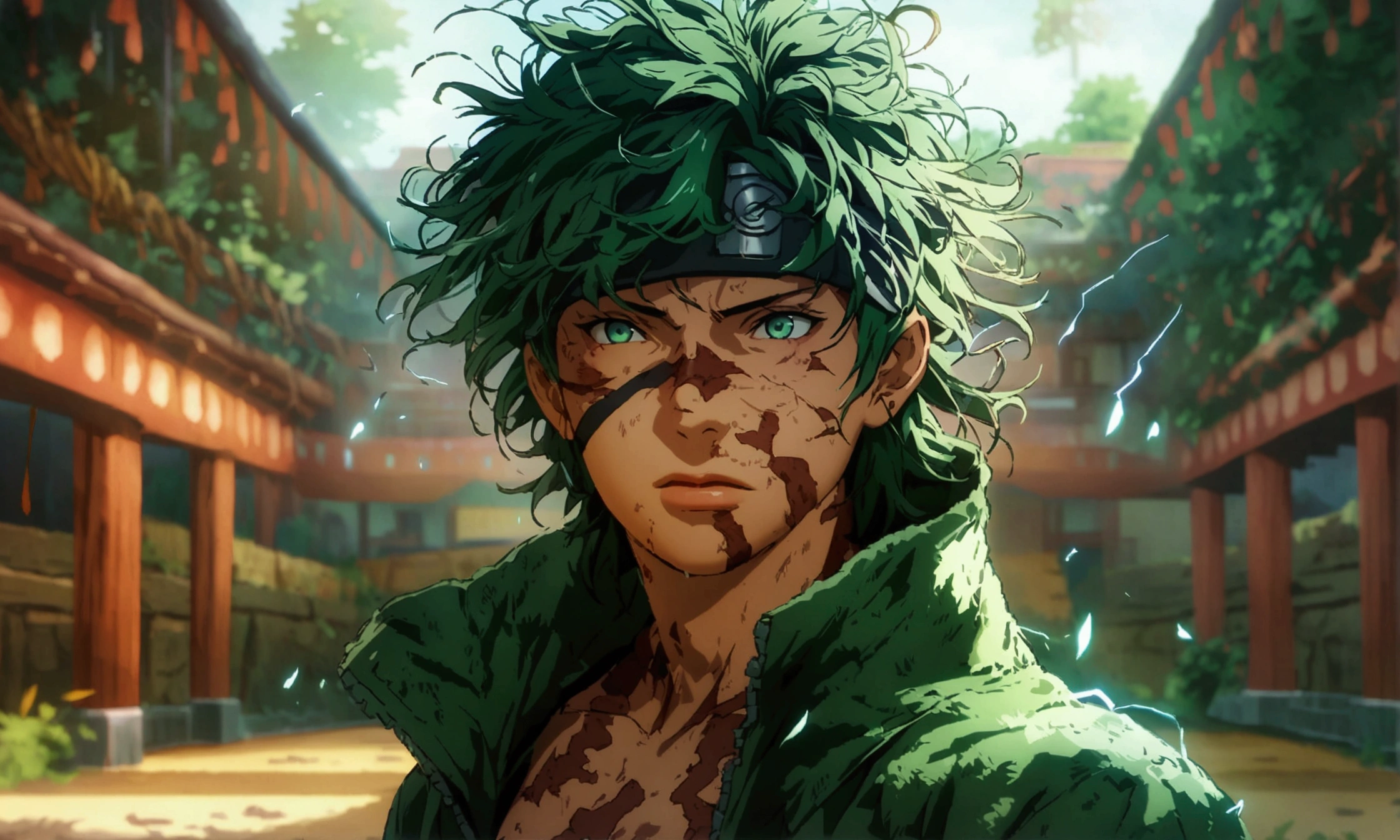 Man, thin and defined body, long green hair, green eyes, bruised and scarred body, dark green coat, training field background, "Anime character design inspired by Naruto, full of dramatic and impressive lighting, focus on the centralized character, impressive face, full of creative details, ultra-fine 4K design, scenery bathed in creativity, boasting 2D anime resolution clarity, HD anime graphics, high-octane rendering"