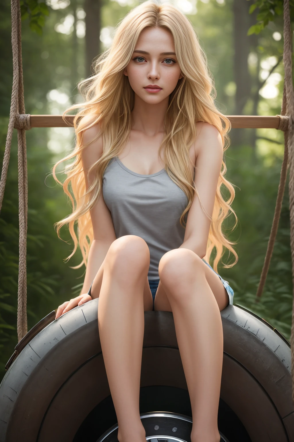 Masterpiece. Young Beautiful Girl has long blonde hair and grey eyes, 1girl, AS-Adult, long-haired, blonde hair, medium-breasts. Grey eyes, wavy-hair, no bangs, symmetrical face. She wears a top and shorts. Beautiful legs. She is sitting. The girl is sitting on a tire swing. (Best Illustration), (beautiful-detailed eyes), (Best Quality Face, Fingers), Symmetrical, smooth, sharp focus, illustration, realistic, artstation, award winning photography, octane render, cinematic lighting from the right, hyper realism, octane render, 8k, depth of field, 3D. She looks at the viewer. Background a forest.
