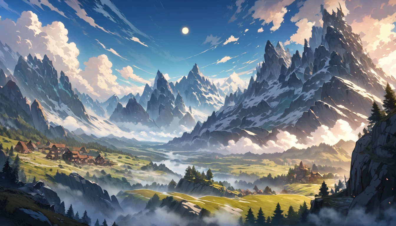 Ghibli, Nausicaa, (anime, fantasy, medieval village), (best quality, highres, HDR:1.2), vibrant colors, detailed landscape, intricate, a man standing on a mountain top with a dimmed sun in the sky, terragen, epic scenery, zenithal view, hazy sun and mystical, skyrim setting, solitude seen in the distance, epic wide sky and horzon, dramatic scenery, misty mountains, mountainscape, volumetric clouds and fog