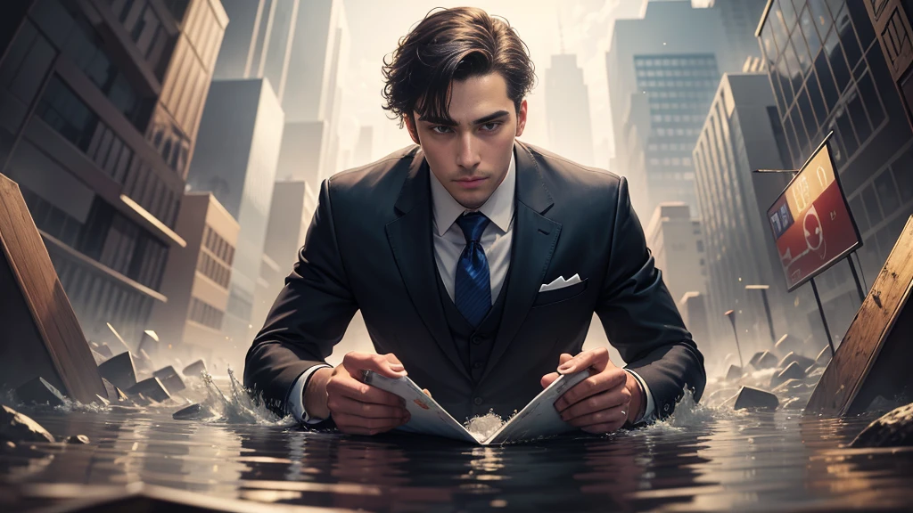 A detailed painting of a person in a suit, surrounded by a flood of cryptocurrencies.