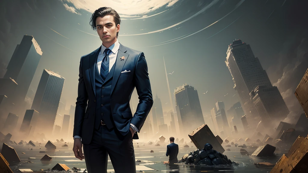 A detailed painting of a person in a suit, surrounded by a flood of cryptocurrencies.