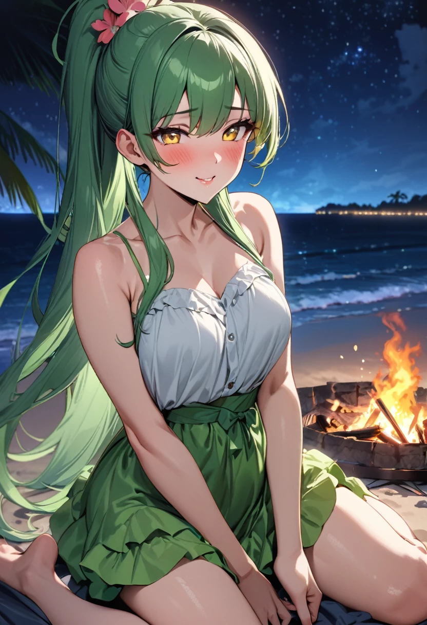 pov, (Tropical resort style) (solo:2, 15 yo), (beautiful detailed ponytail) (best beauty green hair long hair) (best fighter cute girl, detailed cute yellow eyes, love smile, glossy lip, blushing, medium tits), in a cute yellow Layered dress, break, in the night South Sea Island, night beach, put on the Bonfire, background night beautiful Starry sky, BREAK, perfect anatomy, masterpiece, best quality, 16k, beautiful detailed love, daydreaming expression.