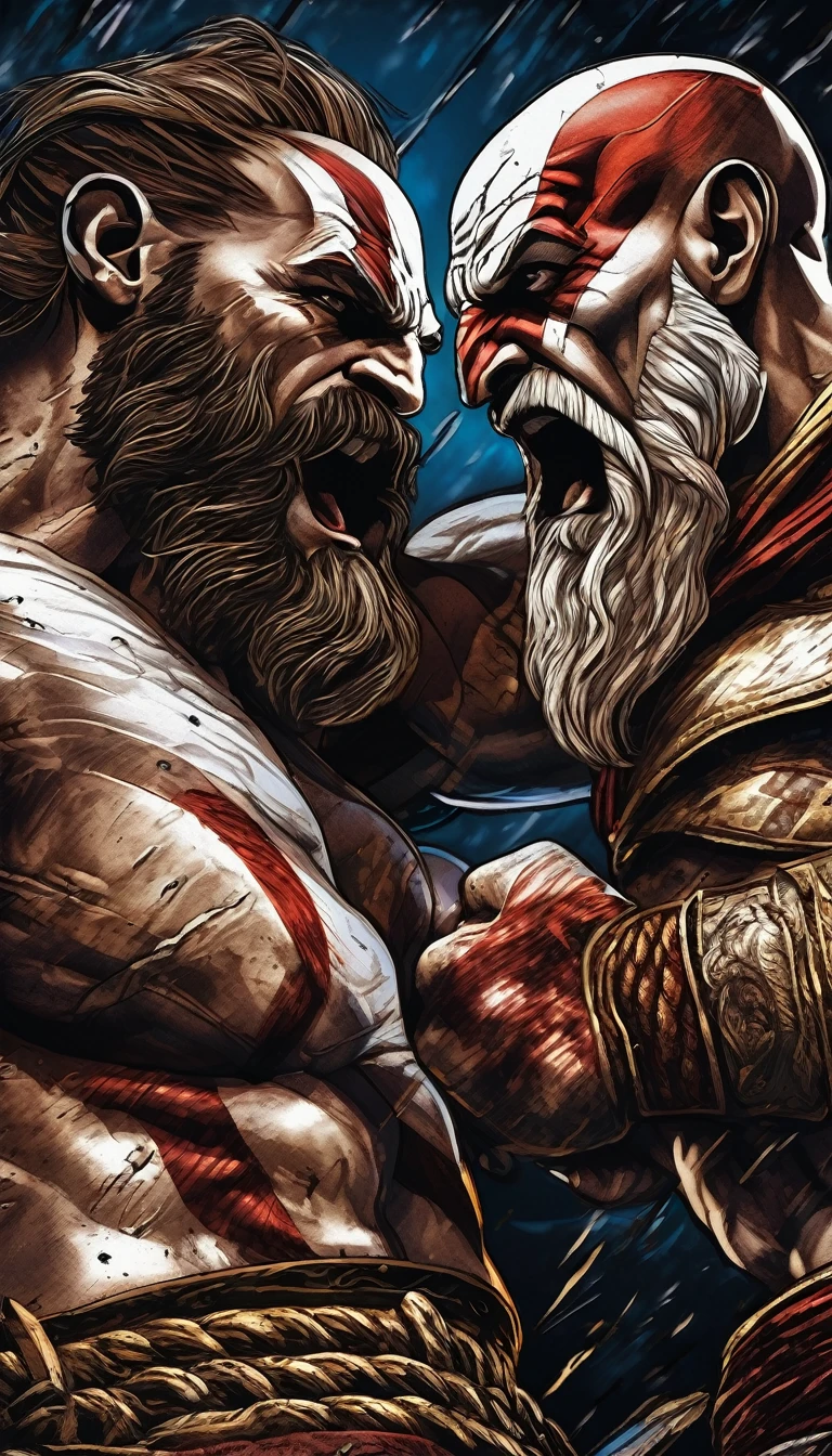 An intense close-up of Zeus and ((Kratos)) engaged in hand-to-hand combat, anatomy flawlessly rendered, chiaroscuro enhancing hyperbolic illustration, astonishing 32k resolution, ultra HD, realistic with vivid colors, UHD pen and ink technique, beautiful intricate,
